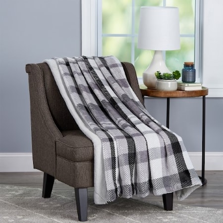 Hastings Home Plaid Faux Fur Throw, Luxurious, Soft, Hypoallergenic Plaid Printed Flannel Blanket, 60"x70", Grey 515307FQZ